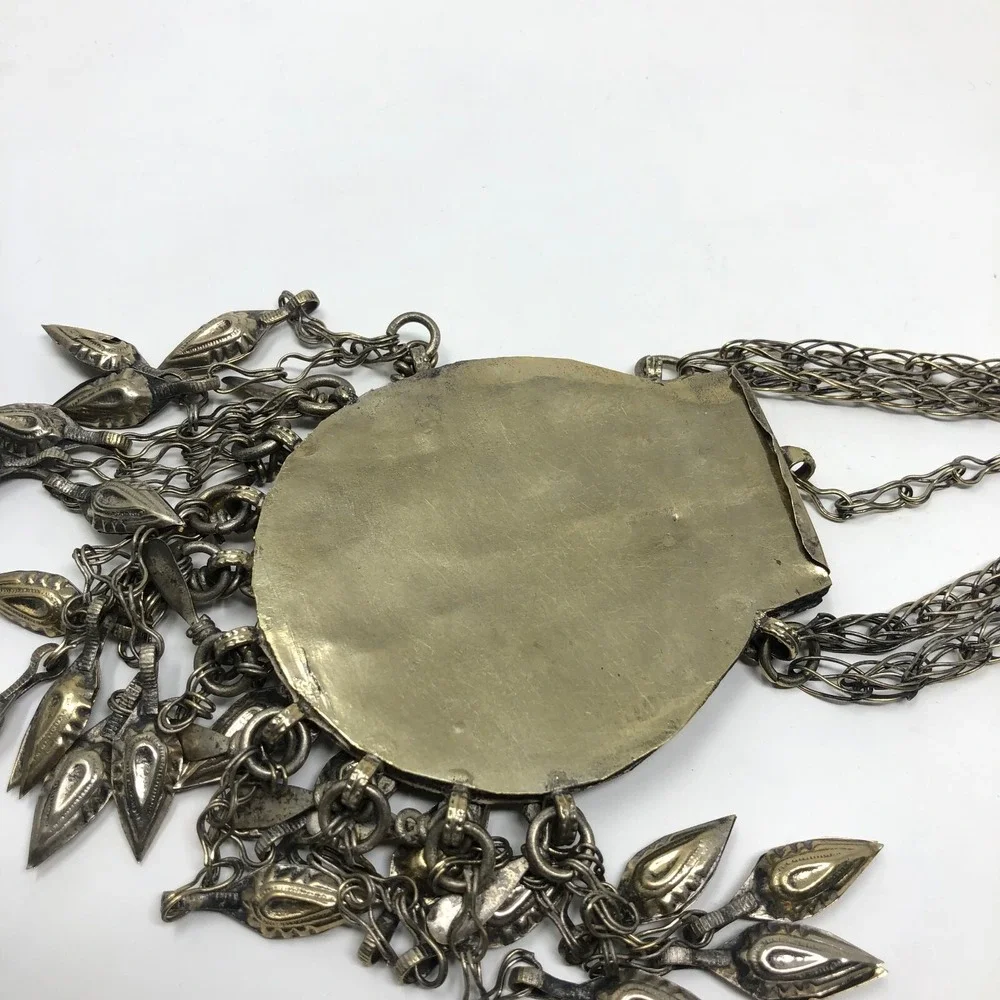 Tribal Amulet Pendant Box Jacket Closure Silver Brass Tone Blue Stone‎